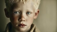 Young albino boy with white hair and pale skin looking directly at camera with striking blue eyes against neutral background for portrait photography.