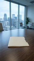 Modern office interior with blank documents on wooden desk overlooking city skyline through floor-to-ceiling windows for business presentations.