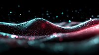 Glowing particles form dynamic waves in turquoise blue and red colors against dark background, creating abstract flowing motion with bokeh light effects.