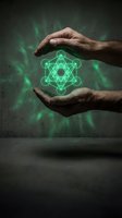 Male hands protecting glowing green sacred geometry symbol with mystical energy aura for spiritual wellness and metaphysical healing concepts.