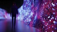 Silhouette of person walking through illuminated tunnel with sparkling purple and red lights creating magical atmosphere. For event and entertainment design.
