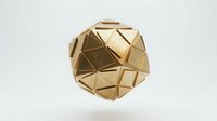 Golden metallic geometric polyhedron with triangular faceted surface creating modern abstract sculpture on white background for luxury design projects.