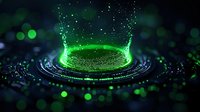 Glowing green particles rising in circular motion against dark background with bokeh effects, creating futuristic holographic visualization for technology concepts.