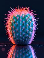 Vibrant neon cactus with colorful spikes glowing in pink, blue and orange lights against dark background with reflection for modern design projects.
