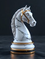 Marble chess knight piece with gold accents on dark background. Luxury white horse head statue with natural stone texture and metallic harness details.