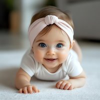 Smiling baby girl with bright blue eyes wearing pink headband and white onesie lying on soft carpet, capturing pure joy and innocence in natural light setting.