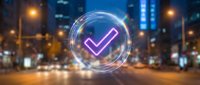 Glowing purple checkmark icon with circular holographic frame floating above blurred city street at night with bokeh lights for digital approval concepts.