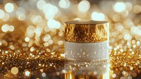 Luxury cosmetic cream jar on golden glitter background with bokeh lights, elegant skincare product presentation for beauty and cosmetics industry.