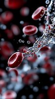 Red blood cells flowing through water splash with dynamic motion and bubbles on dark background for medical and healthcare concepts.
