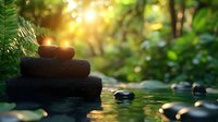 Stacked black spa stones and towels with burning candles near water surface against blurred green forest background with golden sunlight bokeh.
