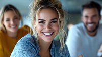 Young Caucasian woman with bright smile and messy blonde hair in casual blue sweater laughing with friends in background, expressing genuine joy and friendship.