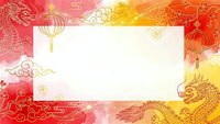 Traditional Chinese New Year background with golden dragon, red lanterns and decorative clouds surrounding blank white space for text or design elements.