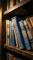 Antique leather-bound books arranged on wooden shelves with warm golden lighting, showcasing classic literature collection with aged spines and ornate details for library and reading room design projects.
