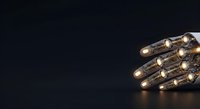 Robotic hand with glowing golden lights against dark background, suitable for technology, artificial intelligence, and futuristic design projects.