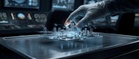 Businessman hand touching holographic city model on digital tablet screen in modern office environment for urban planning and smart city development projects.