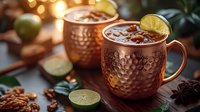 Moscow mule cocktails in hammered copper mugs garnished with fresh lime slices and spices on dark rustic table with bokeh lights and cozy atmosphere.