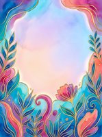 Colorful watercolor floral frame with vibrant gradient background, ornamental leaves and flowers in pink, blue, and gold tones, ideal for greeting cards and social media designs.
