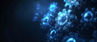 Glowing blue mechanical gears floating in dark space with digital network connections, symbolizing technology innovation and automated systems integration.