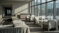 Empty restaurant dining room with covered tables and closed sign during business closure or renovation period with natural sunlight streaming through windows.