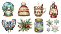 Winter holiday decorative elements collection featuring snow globe, knit beanie, festive mug with spoon, vintage lantern, mittens, evergreen garland, mason jar, and snowflakes for seasonal designs.