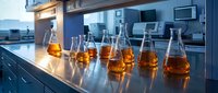 Laboratory glassware with amber liquid samples on modern lab bench. Scientific research equipment for chemical analysis and testing procedures.