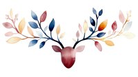 Watercolor deer head silhouette with floral antlers featuring navy blue and warm orange leaves in delicate botanical style, isolated on white background for creative projects.