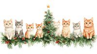 Adorable kittens sitting in row on pine branches decorated with Christmas ornaments and star topper, watercolor style illustration on white background.