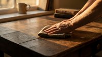 Elderly hand wiping a rustic wooden table with a cloth in warm sunlight, cozy home interior with a mug on the windowsill.