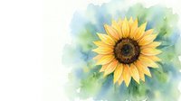 Watercolor sunflower painting with soft blue and green background, copy space on left, bright yellow petals and brown center, nature art.