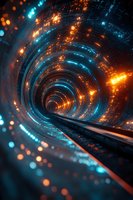Futuristic spiral tunnel with glowing orange and blue lights creating dynamic perspective. Digital network concept for technology and connectivity backgrounds.