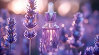 Glass dropper bottle with essential oil among purple lavender flowers in soft evening light with bokeh effect, aromatherapy and natural wellness concept.