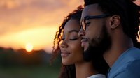 Young African American couple embracing at sunset, sharing tender moment outdoors with golden sky and sun in background, expressing love and connection.