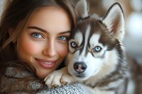 Young Caucasian woman with blue eyes and natural makeup embracing Siberian husky dog with striking blue eyes, both looking at camera, wearing cozy knit sweater.