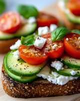 Fresh open sandwich with sliced cucumber, cherry tomatoes, feta cheese and basil leaves on whole grain bread, seasoned with black pepper and herbs.