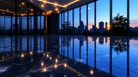 Modern luxury apartment interior with panoramic windows reflecting city skyline at sunset, dramatic lighting creates mirror effect on polished floor, urban living space.