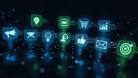Digital marketing icons floating over network connections with glowing effects on dark blue background for business technology presentations.