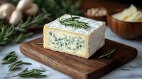 Gourmet blue cheese block garnished with fresh rosemary on rustic wooden cutting board, close-up view showing creamy texture and distinctive blue-green veining.