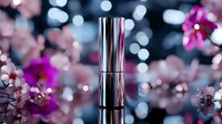 Luxurious metallic lipstick tube against blurred bokeh background with pink cherry blossoms, creating elegant cosmetic product composition for beauty marketing.