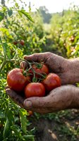 Elderly farmer hands holding fresh ripe red tomatoes in organic garden with green plants background during harvest season for healthy eating and agriculture.