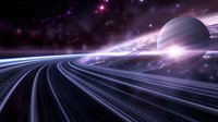 Futuristic cosmic landscape with luminous planetary rings and giant planet against starry space background, perfect for sci-fi designs and astronomy presentations.