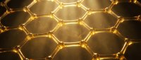 Golden honeycomb structure with glowing hexagonal cells and interconnected lines, suitable for science, technology, and abstract background designs.