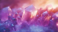 Magical purple amethyst crystal formation with glowing light effects and dreamy bokeh background, macro photography showing detailed mineral structure and crystalline growth.
