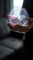 Hand holding glowing digital globe with neon pink and blue network lines, representing global connectivity, technology innovation, and worldwide business communication.