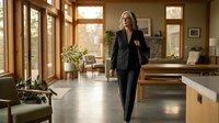 Mature woman with gray hair, Caucasian ethnicity, wearing professional black blazer and pants, walking through modern office lobby with wooden accents, large windows, and potted plants during daytime.