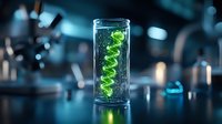Glowing green DNA helix structure in glass tube on dark laboratory background with dramatic lighting and bokeh effects. Scientific research concept.