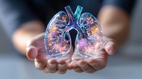Glowing translucent lungs held in caring hands, illuminated with colorful light effects showing detailed bronchial tree structure and respiratory system anatomy.