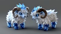 Mystical ram creatures with white fur, curved horns, and glowing blue crystal formations on their bodies and feet against gray background. Fantasy art character design.