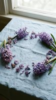 Purple hyacinth flowers arranged in heart shape on rustic wooden surface near window with natural light creating romantic spring composition.