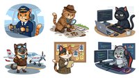 Cartoon cats in various professions including pilot, detective, programmer, and office worker. Isolated characters on transparent background, ready for design projects, merchandise, educational materials, and digital applications.