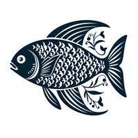 Decorative fish silhouette with detailed scale pattern and floral elements on white background, isolated design element for logos and creative projects.
